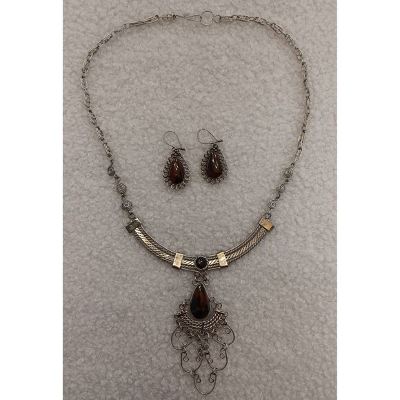 Handmade Silvertone Mahogany Obsidian Necklace & Earrings Set - Picture 1 of 9
